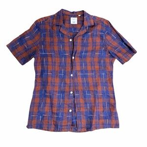 Baird McNutt 100% Linen Short Sleeve Button-Down Shirt – Blue & Brown Plaid